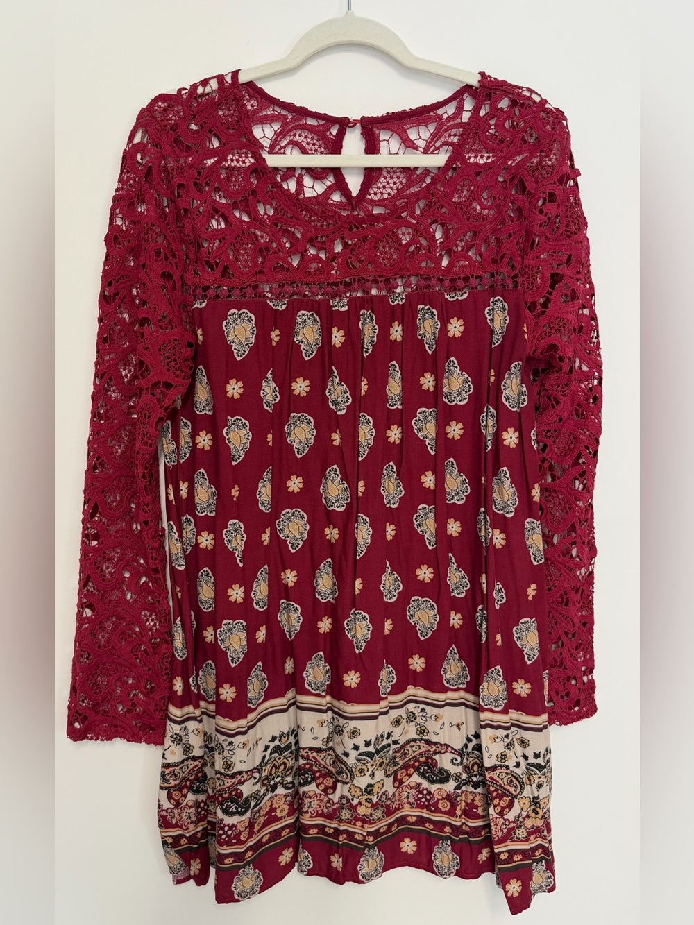 Blu Pepper Burgundy Crochet Yoke Printed Long-Sleeve Tunic Dress